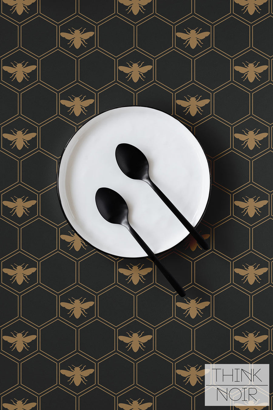 Dark grey and gold removable wallpaper with bees and hexagon  tiles
