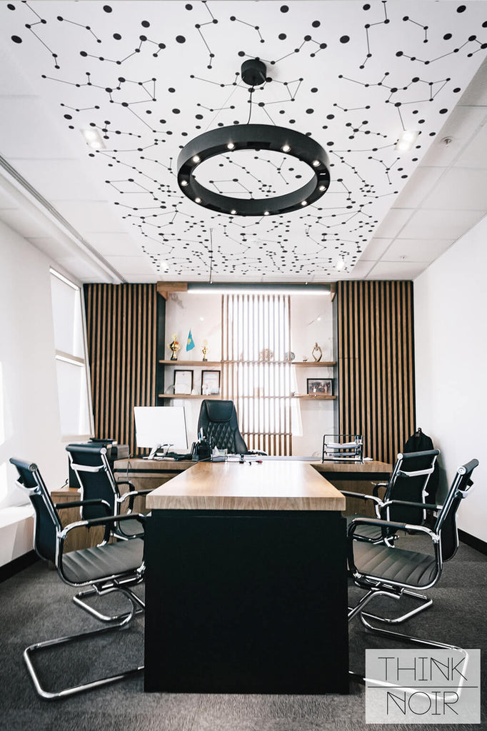 Eclectic print wallpaper on ceiling office interior