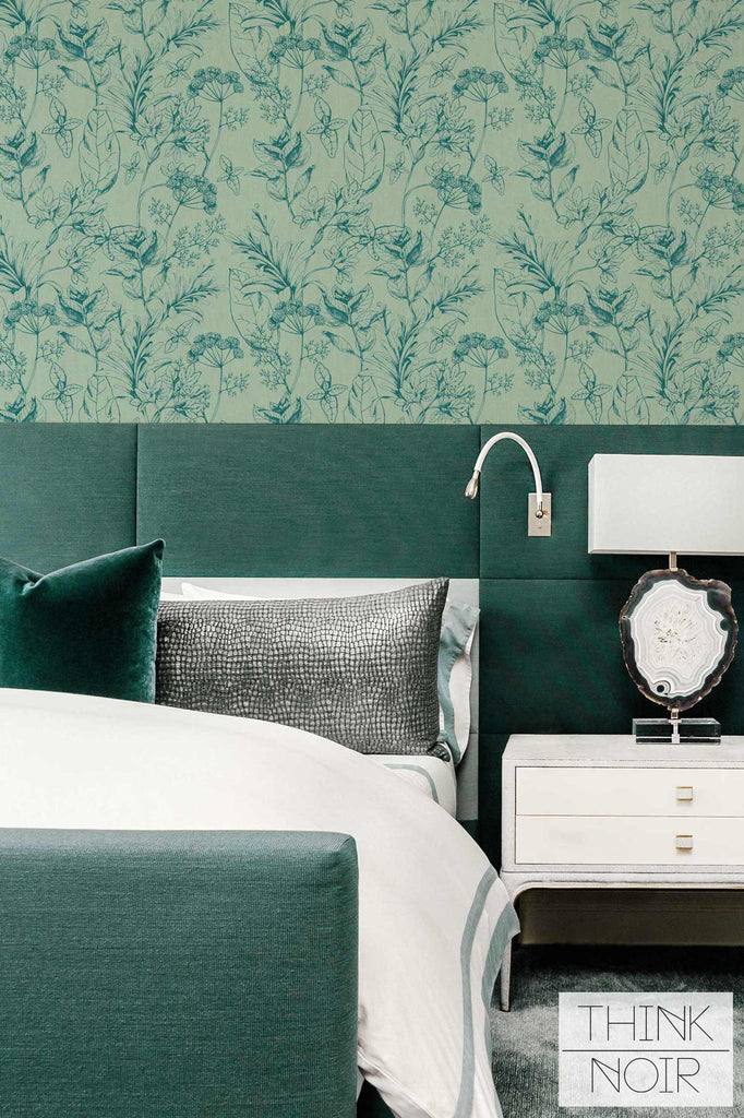 Bedroom interior green botanical wallpaper