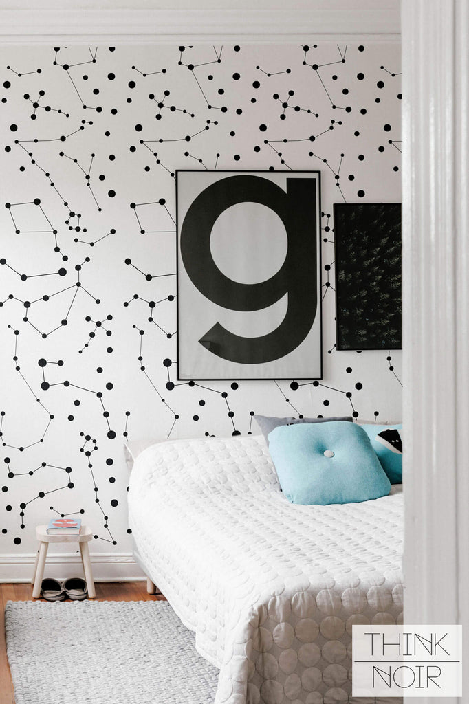 Kids bedroom with constellation stars print wallpaper