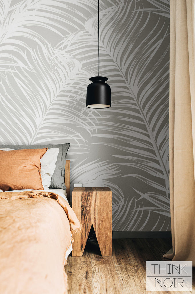 Oversized tropical wall mural in neutral grey colors