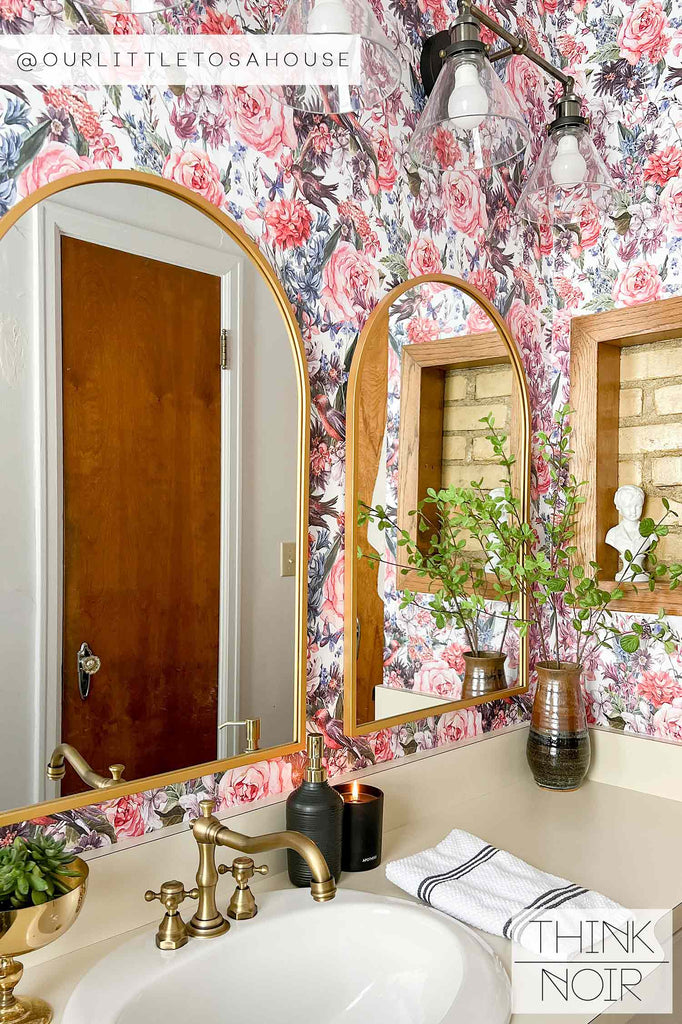 elegant bathroom project with pink floral wallpaper background