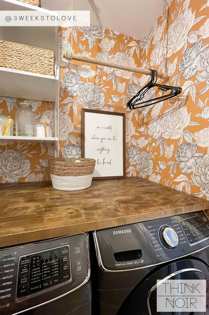 farmhouse modern style laundry room with colorful orange peony wallpaper