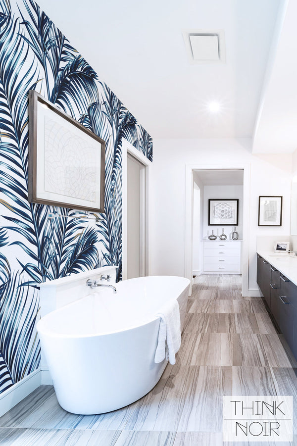 See the Kids Coastal Bathroom Update with Blue Palm Wallpaper